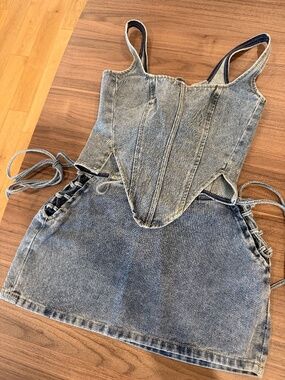 VINTAGE WASH DENIM LACE UP MINI SKIRT + CORSET TOP